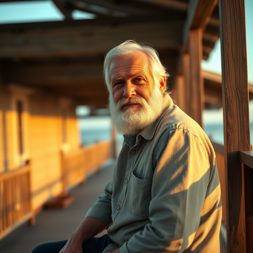 portrait of an elderly man with a white beard sitting on a wooden porch overlooking the ocean during golden hour, soft natural lighting, shot with a Canon EOS R5, 50mm lens, aperture f/1.8, ISO 100, portrait orientation, shallow depth of field, warm color tones.