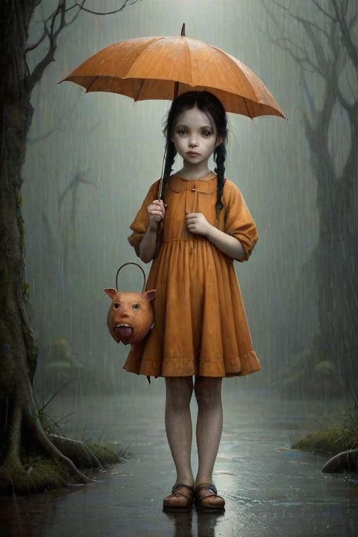 An eerie, weird little girl with dark hair in thin pigtails, wearing a smock dress, standing in the rain, holding a dirty orange umbrella, a small, odd creature beside her. In a surreal style inspired by Nicoletta Ceccoli and Brian Froud. Dark fantasy themes