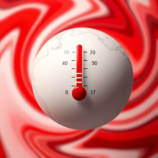Create an illustration of a globe with a thermometer symbol, featuring vibrant red and white swirling patterns in the background, shot with a DSLR camera at f/8 aperture, ISO 100, using a wide-angle lens at 24mm, and employing a soft focus style for a modern and clean look.