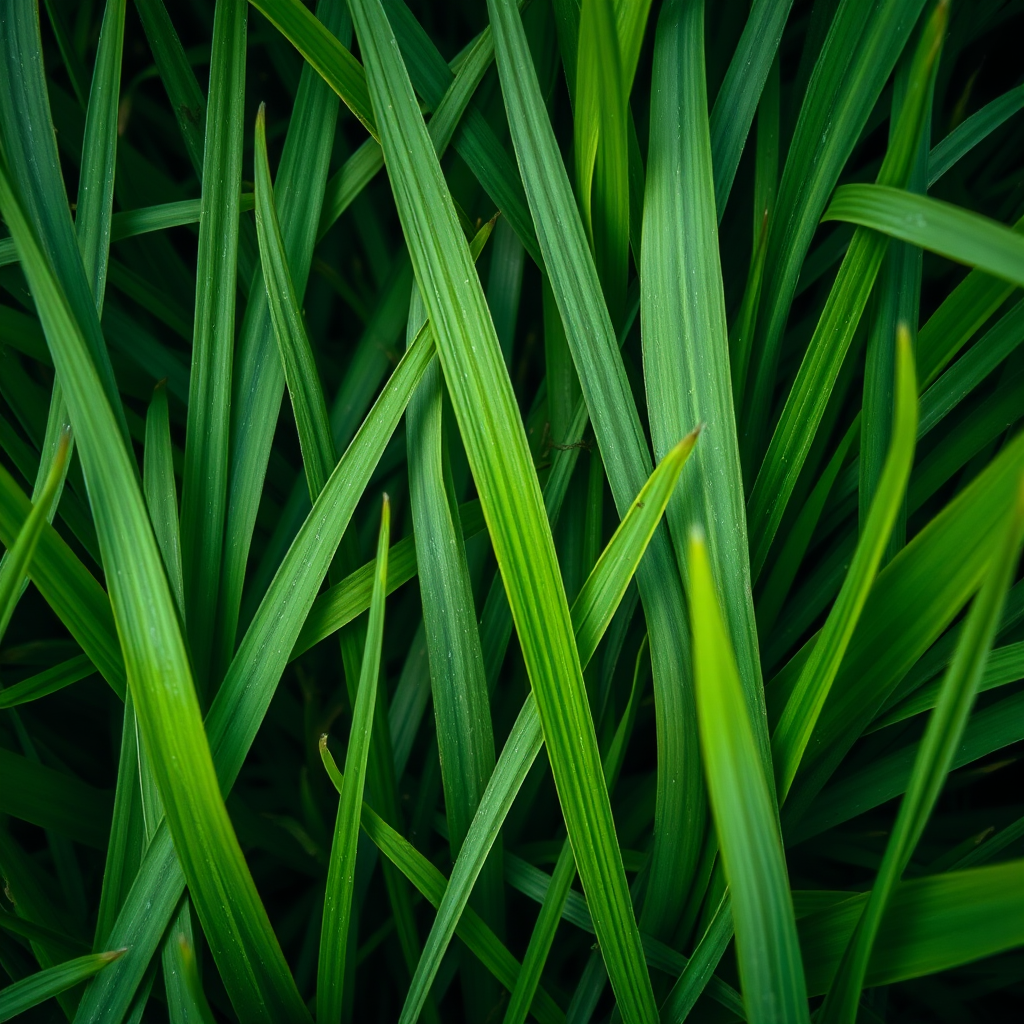 high-resolution macro shot of lush green grass with fine details and textures, aperture f/2.8, shutter speed 1/100s, ISO 100, taken with a DSLR camera, top-down view