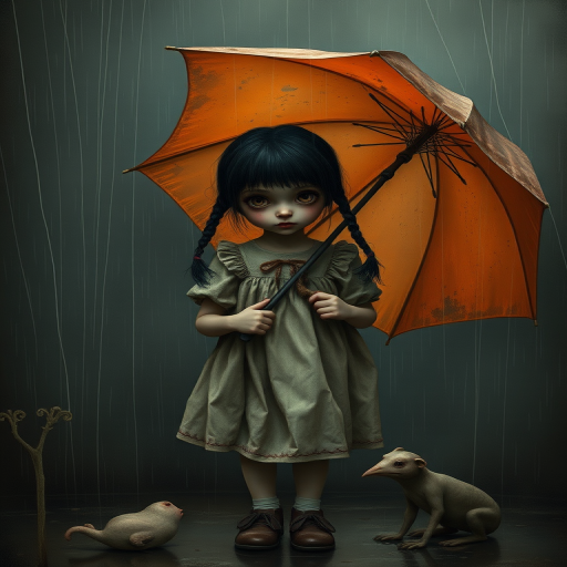 An eerie, weird little girl with dark hair in thin pigtails, wearing a smock dress, standing in the rain, holding a dirty orange umbrella, a small, odd creature beside her. In a surreal style inspired by Nicoletta Ceccoli and Brian Froud. Dark fantasy themes