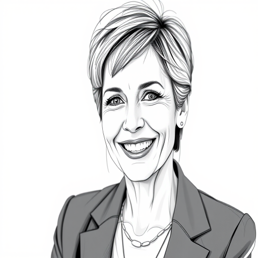 Generate a high-resolution sketch portrait of a middle-aged woman with short hair and a friendly smile, wearing a blazer and a necklace, in sharp focus with a shallow depth of field, captured using a DSLR camera, 50mm lens at f/2.8, ISO 100, 1/200 sec shutter speed.