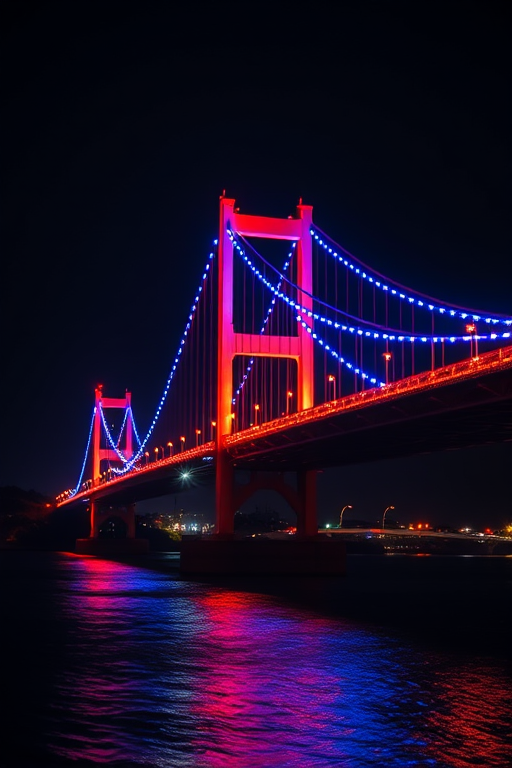 Capture a night view of a brightly lit bridge with red and blue illumination, using a DSLR camera with a 24mm lens, aperture f/8, ISO 100, and a shutter speed of 5 seconds for clear details.