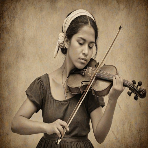 a young Mapuche woman with a white headband playing a violin, in the style of a charcoal drawing, sepia grunge background