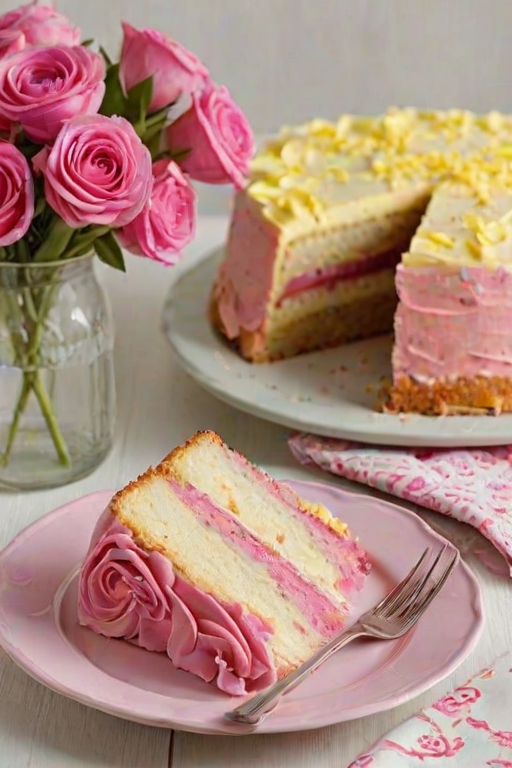 Create an image of a freshly baked layered cake with a vibrant pink frosting on top. The cake should be sliced into rectangular pieces, showcasing layers of light yellow sponge and a dark filling. Arrange the slices neatly on a white platter, and include a few pieces on decorative plates nearby. Add a knife beside the platter and some floral fabric in the background for a charming touch.