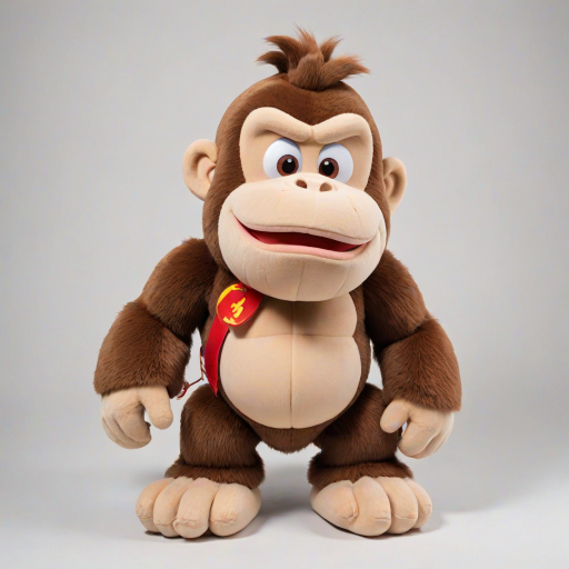 Donkey Kong children's version of an adorable and cute cotton plush with a full body on a white background. A good front pose is visible with extreme quality and every detail. The image features good lighting, a well-chosen color palette, and a 3D appearance.
