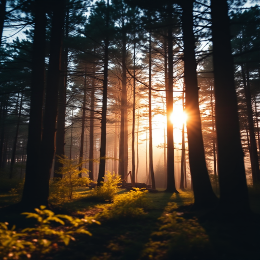 Create an image of a tranquil forest scene during sunrise, capturing the light filtering through the trees, with soft focus for a dreamy effect, shot with a DSLR camera at 50mm, aperture f/2.8, ISO 200, and a wide angle view to enhance depth.