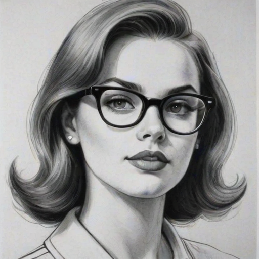 Enticing Madelyn Cline, pencil sketch, portrait of Attractive woman 1956s in glasses, hair style beatnik, outline, clear lines, fine lines, 8k