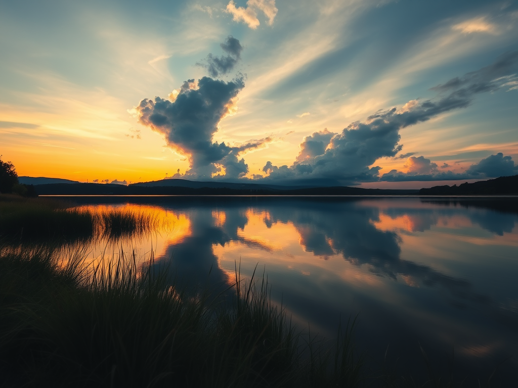 A tranquil lakeside landscape during sunset with dramatic clouds reflecting in the water, captured using a DSLR camera, 24mm lens at f/8, ISO 100, with a low-angle view to enhance the foreground, and HDR processing for vibrant colors.
