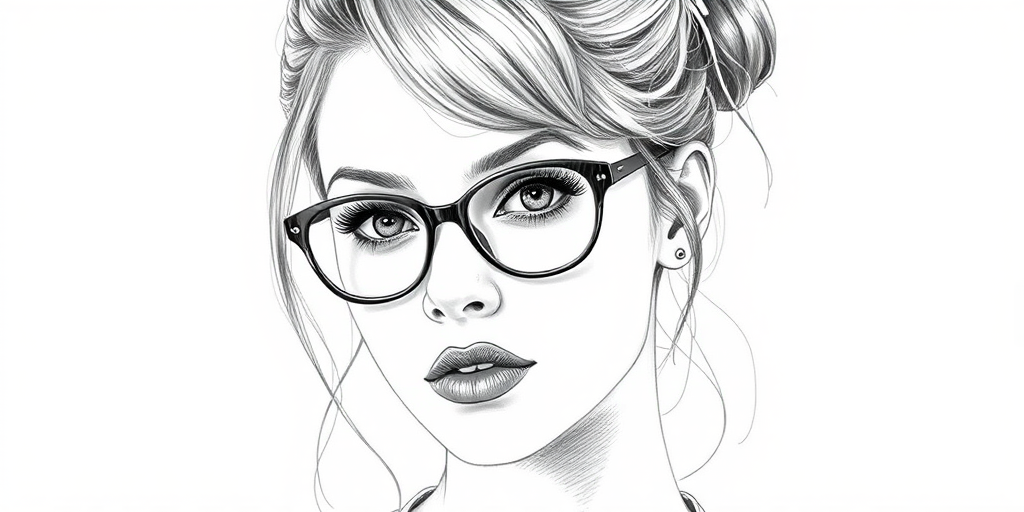 Beautiful Kristen Stewart, pencil sketch, portrait of beautiful woman 60s in glasses, hair style beatnik, outline, clear lines, fine lines, 8k