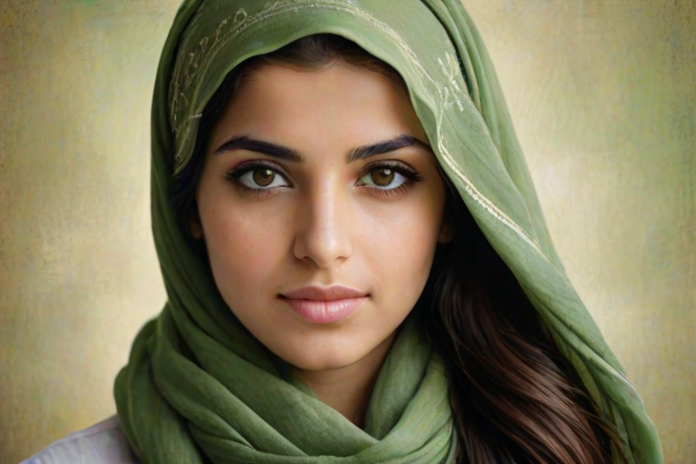 Create a portrait of a young Middle Eastern woman with long, dark hair and captivating hazel eyes. She is wearing a green headscarf and a matching scarf draped gracefully around her neck. The background is softly blurred, focusing attention on her serene and natural expression. The overall color palette is muted and warm, enhancing the intimate and authentic feel of the portrait.