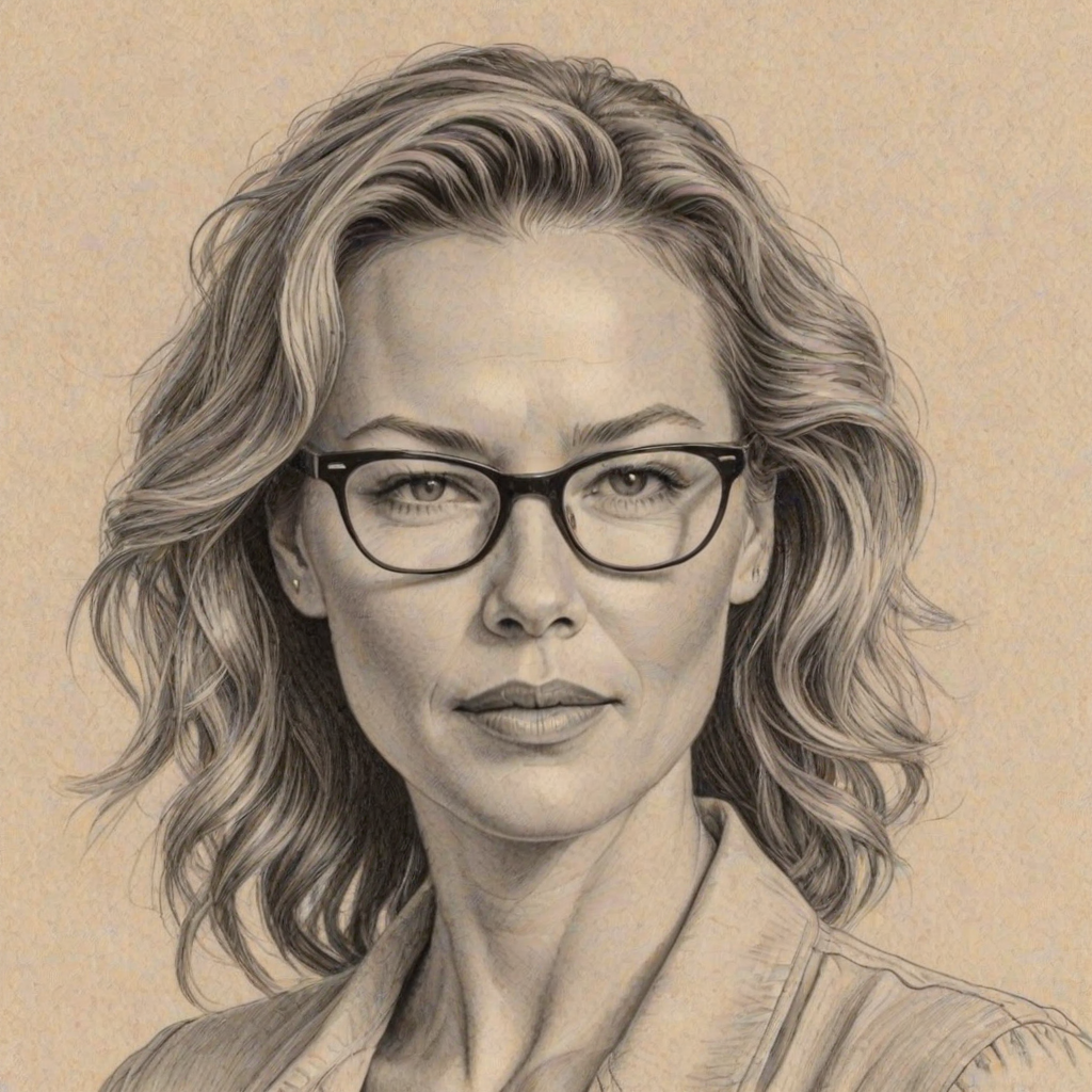 Delightful Connie Nielsen, pencil sketch, portrait of Exquisite woman 1944s in glasses, hair style beatnik, outline, clear lines, fine lines, 8k