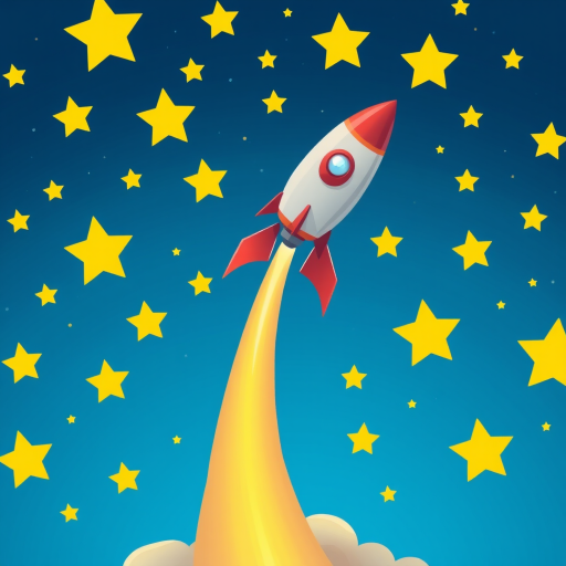 illustrate a colorful rocket launching into a starry night sky, vibrant blue background with scattered yellow stars, use a Canon EOS R5 with a 24mm f/1.4 lens, aperture f/2.8, ISO 100, to capture sharp details and vivid colors, focus on the rocket's design and flame effects
