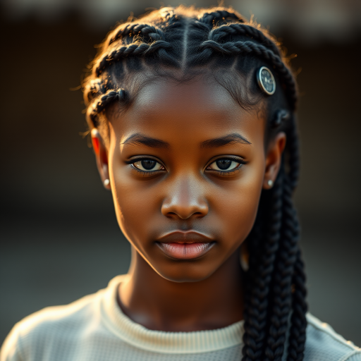 portrait of a young woman with braided hair, soft lighting, warm color tones, Canon EOS R5, 85mm f/1.2 lens, aperture f/1.2, ISO 100, shallow depth of field, 1/200 sec exposure