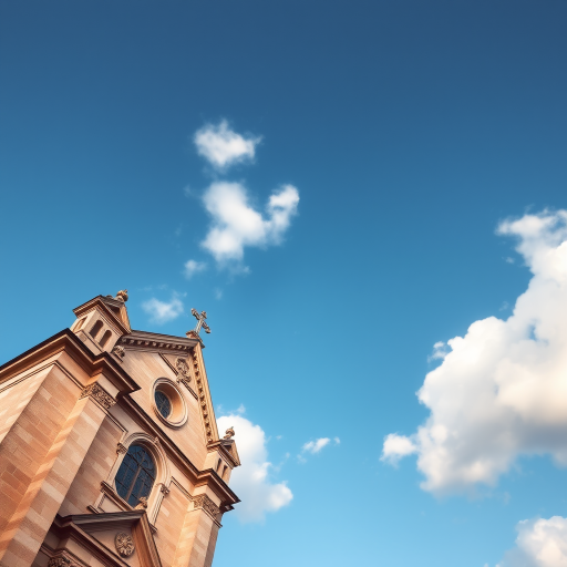 A high-resolution image of a historic church facade with intricate architectural details under a clear blue sky featuring fluffy white clouds, taken with a DSLR camera at f/8 aperture, ISO 100, 1/200s shutter speed, using a wide-angle lens capturing a soft focus on the surroundings for depth.