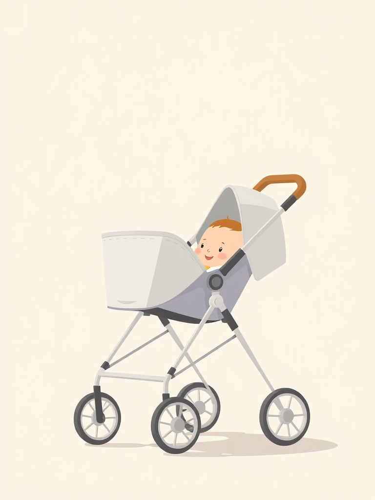 Create a minimalist illustration of a baby stroller with a cute baby peeking out, set against a light pastel background, using a soft focus lens at f/2.8, 50mm lens, natural light, and a high-resolution digital camera for enhanced clarity.
