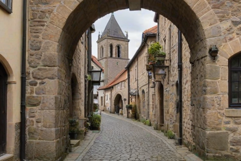 Old, cobbled street in a historic town, a woman walking under a stone archway, the sound of church bells ringing in the distance.