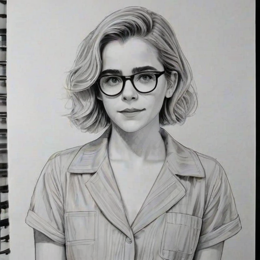 Wonderful Kiernan Shipka, pencil sketch, portrait of Magnificent woman 1938s in glasses, hair style beatnik, outline, clear lines, fine lines, 8k