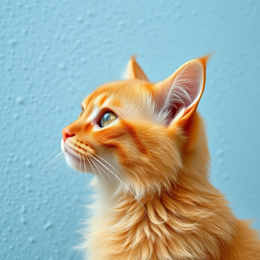 Capture a close-up profile shot of a fluffy orange cat against a light blue textured wall, using a DSLR camera with a 50mm lens, aperture set to f/1.8, ISO 200, and shutter speed of 1/200 sec, focusing on the cat's fur details and eye reflections.