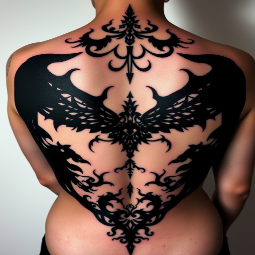Blackout negative space tattoo called "Shadow Silhouettes" utilizing large areas of solid black ink with carefully planned negative space to reveal intricate designs within