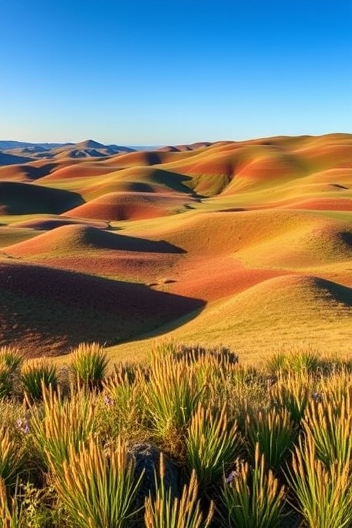 Regenerate a vibrant landscape featuring rolling hills under a clear blue sky, shot with a Canon EOS R5 at 24mm, f/8, ISO 100, with a shallow depth of field, wide-angle view, and natural lighting for enhanced image quality.