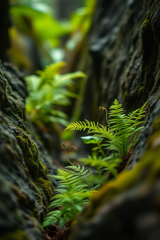 regenerate the image of a serene forest scene with lush ferns and delicate green plants emerging from rocky crevices, focus on soft, diffused lighting to create a mystical atmosphere, use a DSLR camera with an aperture of f/8, shutter speed of 1/60s, ISO 200, 50mm lens, and a macro perspective to capture intricate details and textures.