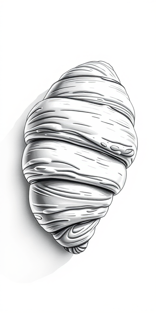 create a high-resolution black and white illustration of a croissant with detailed textures and shadows, using a DSLR camera with a 50mm lens, aperture f/2.8, ISO 100, shot from a top-down view, soft natural lighting, sharp focus on the croissant's surface details