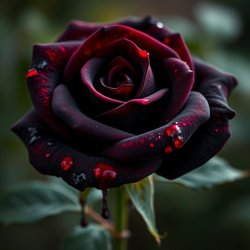Create a high-resolution image of a black rose with red accents and dripping effects on the petals and leaves, using a macro lens at f/2.8 for shallow depth of field, ISO 100 for clarity, and a soft, diffused natural light setup to enhance the details and colors.