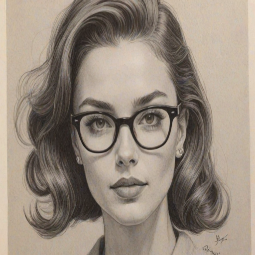 Sublime Sophia Wylie, pencil sketch, portrait of Exquisite woman 1959s in glasses, hair style beatnik, outline, clear lines, fine lines, 8k