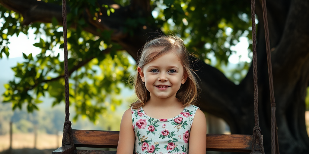 Softly lit portrait, a young girl in a floral dress sitting on a wooden swing, a large tree overhead with leaves casting dappled shadows on her face, distant hills visible in the background, soft smile on her face, sunlight highlighting the golden streaks in her hair.