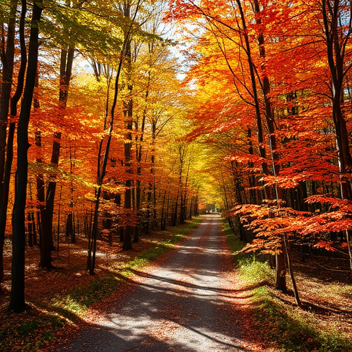 a tranquil autumn forest path surrounded by colorful foliage and dappled sunlight filtering through the trees