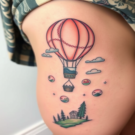 Illustrative tattoo titled "Whimsical Wanderlust" depicting a fantastical hot air balloon journey through dreamlike landscapes, with miniature worlds suspended in bubbles trailing behind, combining fine linework with soft, pastel watercolor effects, perfect for ribcage or thigh placement