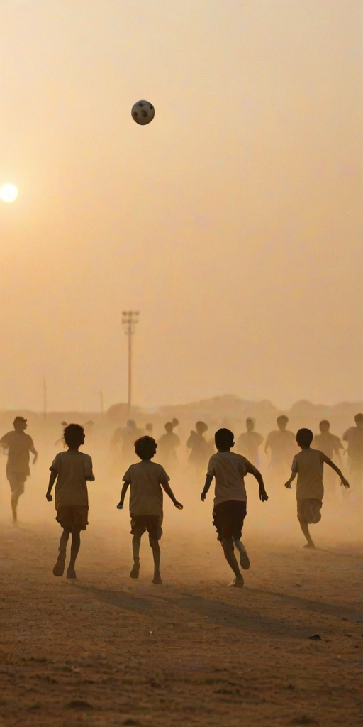 Blurry action shot of a group of children playing soccer in a dusty field at sunset, their silhouettes barely visible against the soft golden light and dust clouds rising into the air.