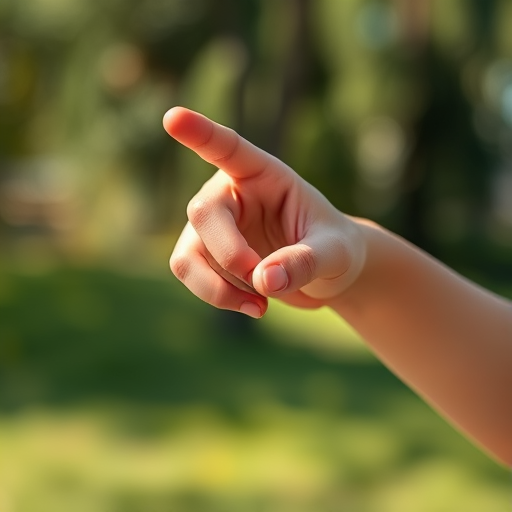 Create a high-resolution image of a human hand pointing to the right, captured with a Canon EOS R5 camera, 50mm lens, f/1.8 aperture, ISO 100, in natural lighting with a shallow depth of field.