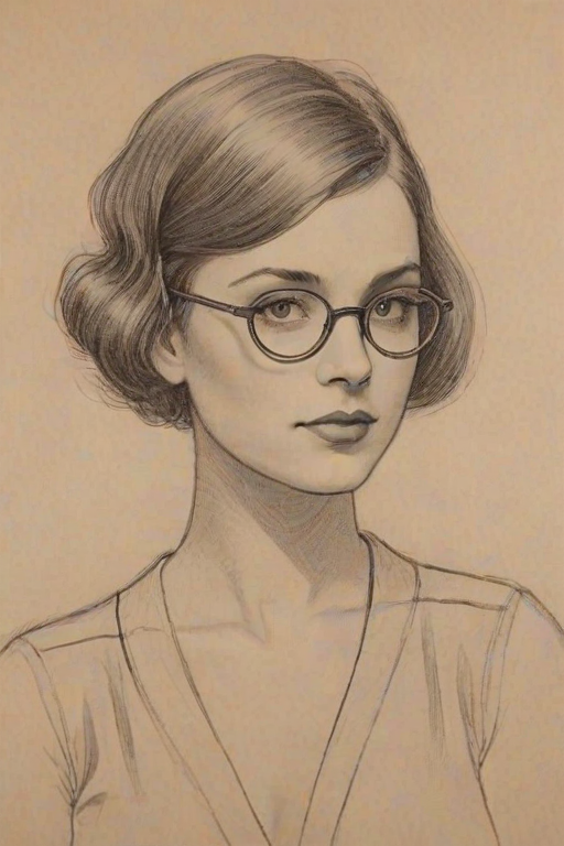 Fascinating Caitlin Gerard, pencil sketch, portrait of Gorgeous woman 1925s in glasses, hair style beatnik, outline, clear lines, fine lines, 8k