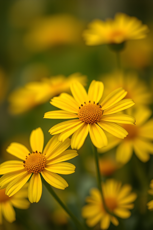 macro shot of yellow flowers with a soft focus background, aperture f/2.8, shutter speed 1/250s, ISO 100, taken with a DSLR camera, using a 100mm lens for sharp detail and vibrant color.