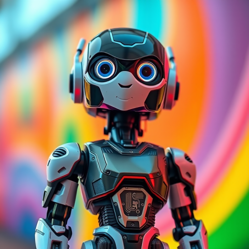 Create an image of a cute, humanoid robot with intricate mechanical details, standing in a vibrant, colorful environment, using a Canon EOS R5 with a 50mm f/1.2 lens at ISO 100, aperture f/2.8, and a shallow depth of field to enhance image quality and focus on the robot.