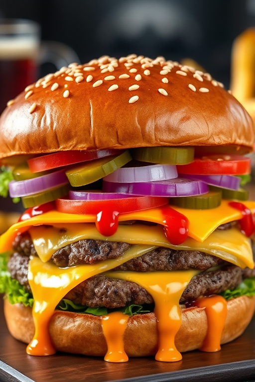 High-resolution, close-up image of a gourmet double cheeseburger. The burger features a glossy, sesame-seed-topped brioche bun. Inside, there are two thick, juicy beef patties, each topped with melted cheddar cheese. The burger is garnished with fresh lettuce, tomato slices, diced onions, and pickles. A generous amount of ketchup and a creamy, orange-colored sauce is dripping down the sides, adding to the mouth-watering appeal. In the background, there are blurred elements including a side of golden French fries and a hint of a beverage, enhancing the overall presentation of a delicious meal.