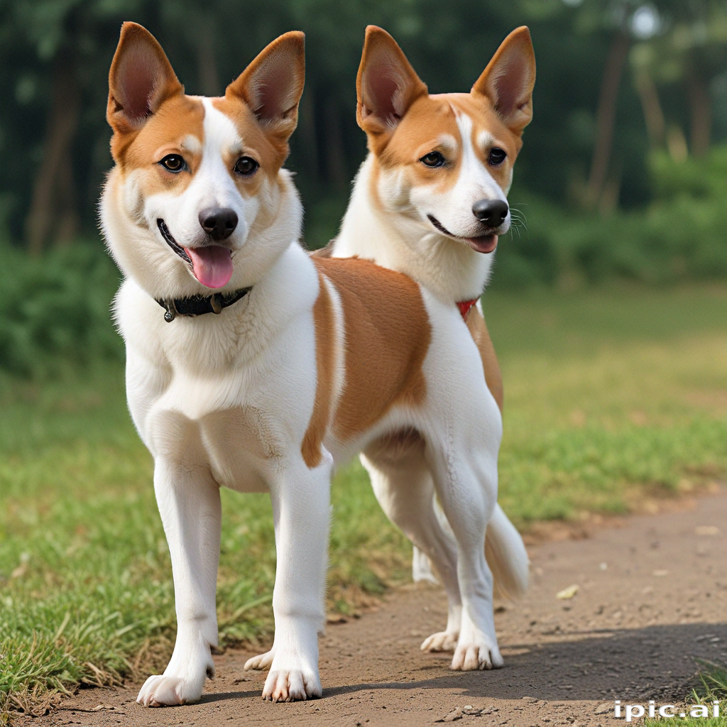 Two Playful Dogs Standing Together in a Sunny Outdoor Setting