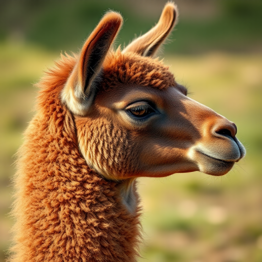 Create a high-resolution illustration of a brown llama with distinct spots, showcasing fine details and textures, captured with a Canon EOS 5D Mark IV at f/8, ISO 100, 50mm lens, side view in natural lighting.