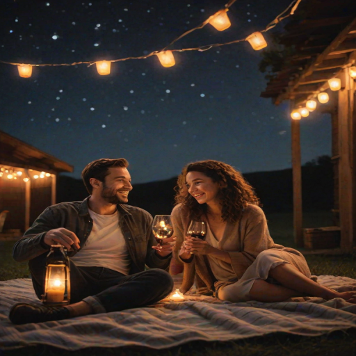 Warmly lit image of a couple sitting on a blanket under the stars, sharing a bottle of wine, soft glow from nearby lanterns illuminating their smiles, with the distant sound of crickets filling the night air.