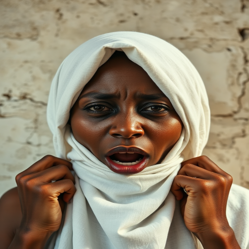 Create a close-up photographic image of a Cape Verdean woman with light skin tones shown against an old, worn wall. Their head is wrapped in a white cloth covering (i.e.... parts of the head except the nose and mouth, which are open as if they are screaming...), with a slight texture and visible folds in the fabric. Thin strands of blonde hair escape from the wrapping above, falling lightly at the top and sides. Their hands hold the fabric as if they are tugging nervously. The lighting is dramatic and even, casting strong shadows. The image has a minimalist and surreal style with an emphasis on simplicity with soft color tones. The composition is centered.