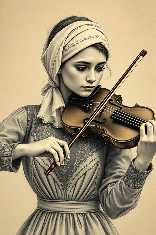 a young Turkish woman with a white headband playing a violin, in the style of a charcoal drawing, sepia grunge background