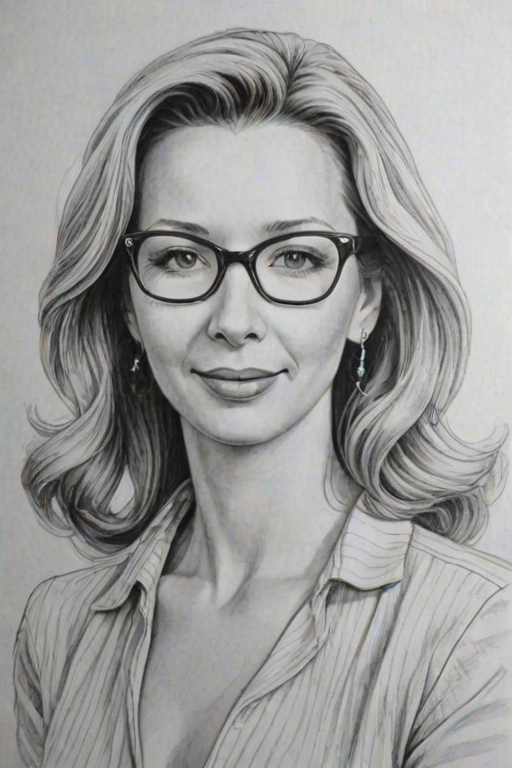 Charming Lisa Kudrow, pencil sketch, portrait of Comely woman 1944s in glasses, hair style beatnik, outline, clear lines, fine lines, 8k