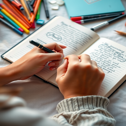 Close-up of a woman’s hands journaling in a beautiful notebook, surrounded by colorful pens and markers, with soft light illuminating her creative thoughts.