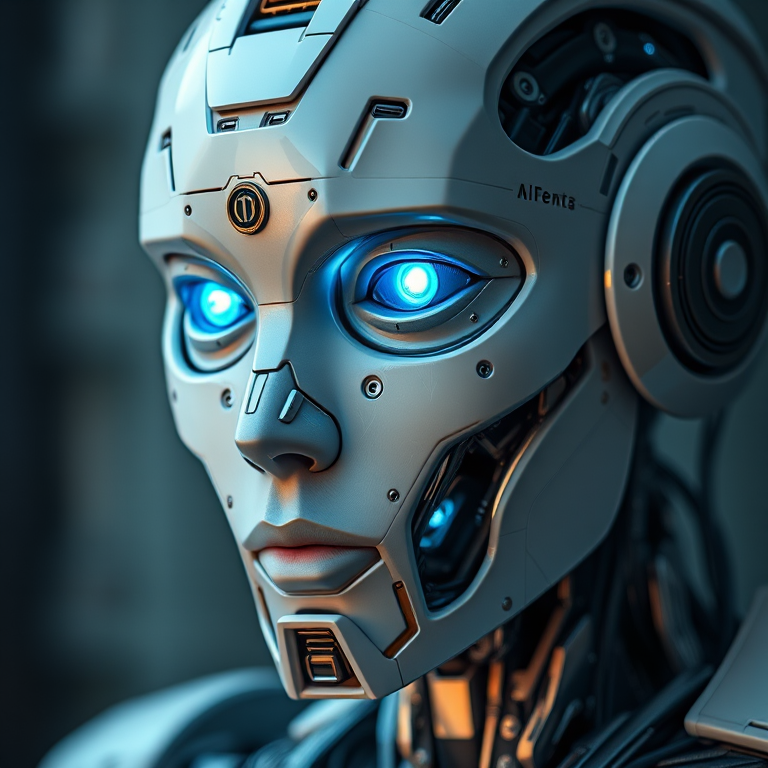 Create a futuristic robot portrait with intricate mechanical details and glowing blue eyes, shot in raw format with a Canon EOS R5, 85mm lens at f/1.4, ISO 100, soft diffused lighting to enhance texture and depth.