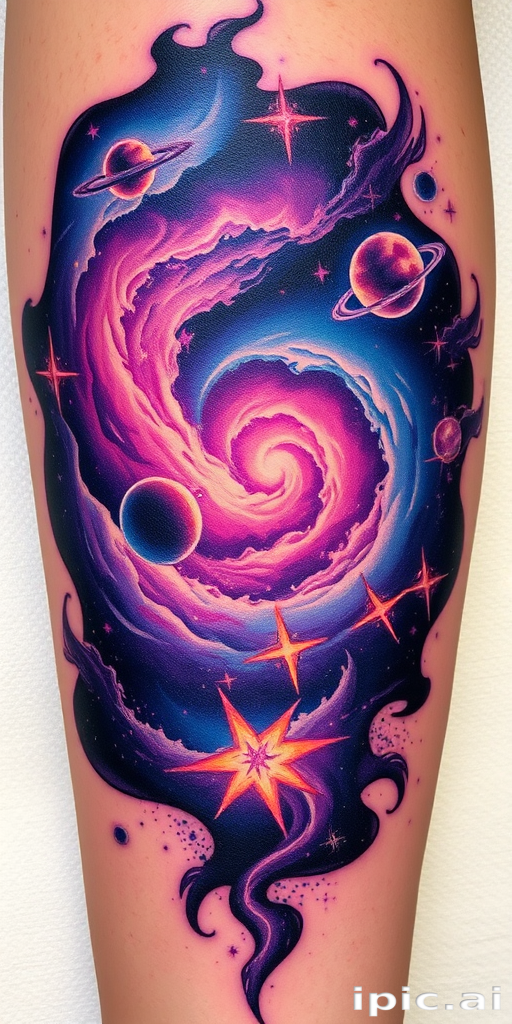 Cosmic tattoo "Galactic Odyssey" depicting a breathtaking space scene with swirling nebulae, distant planets, and shimmering stars in a rich palette of purples, blues, and iridescent accents