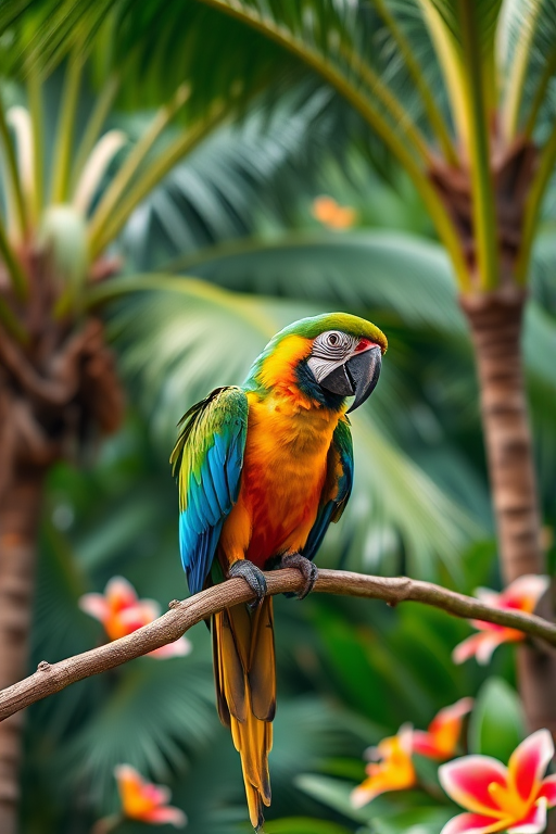 Generate a high-resolution image of a vibrant macaw perched on a tropical branch, surrounded by lush palm trees and colorful flowers, using a Canon EOS R5 with a 85mm lens, aperture f/4, ISO 100, and a shallow depth of field for enhanced detail and clarity.