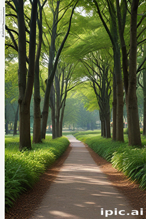 A Serene Pathway Through Lush Green Trees in a Tranquil Park Setting.