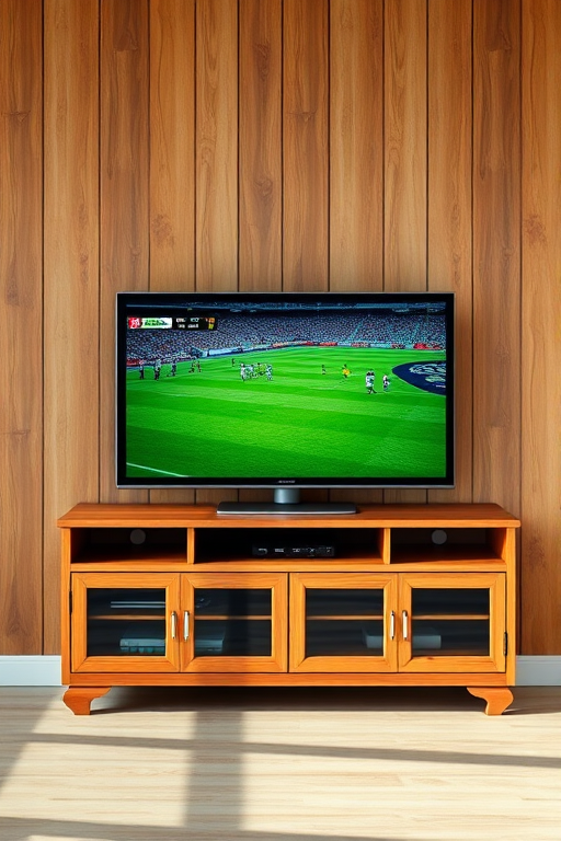 Create a high-resolution image of a wooden entertainment center with a flat-screen TV displaying "Sport news," using a DSLR camera with a 24mm lens at f/8, ISO 200, and a 1/60 sec shutter speed, taken from a frontal view in natural lighting to enhance clarity and detail.